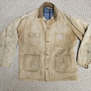 VTG 80's Carhartt Canvas Tan Blanket Lined Chore Barn Thrashed Jacket‎ Sz L/XL
